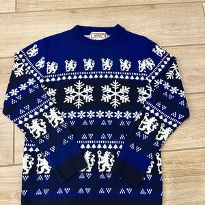 Chelsea Blue’s Christmas Holiday Men's Festive Blue & White Crewneck Sweater, M